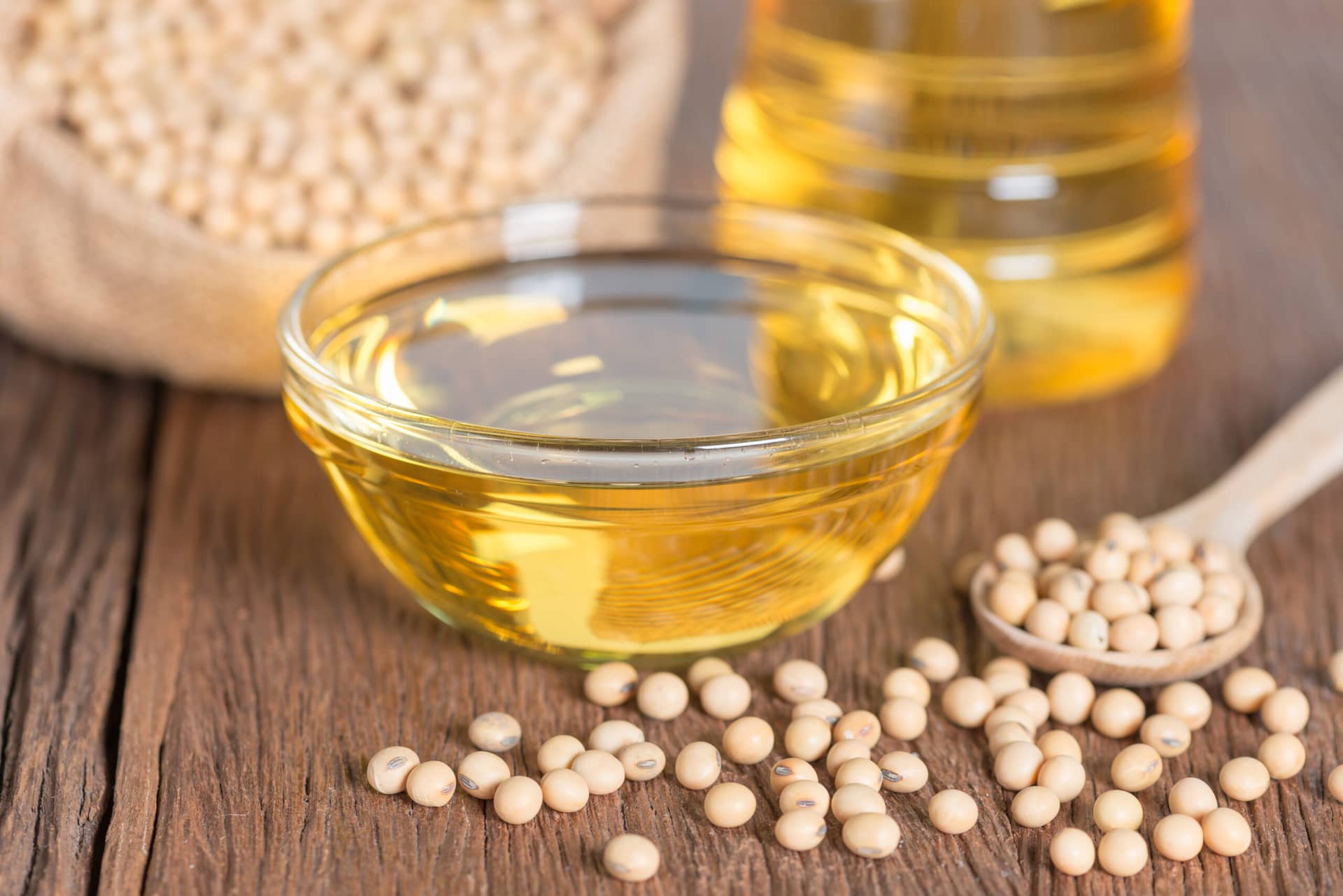 Bowl of vegetable oil and it's ingredient of soybeans